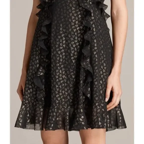 All Saints Derrell Black & Gold Ruffle Dress - Picture 3 of 15